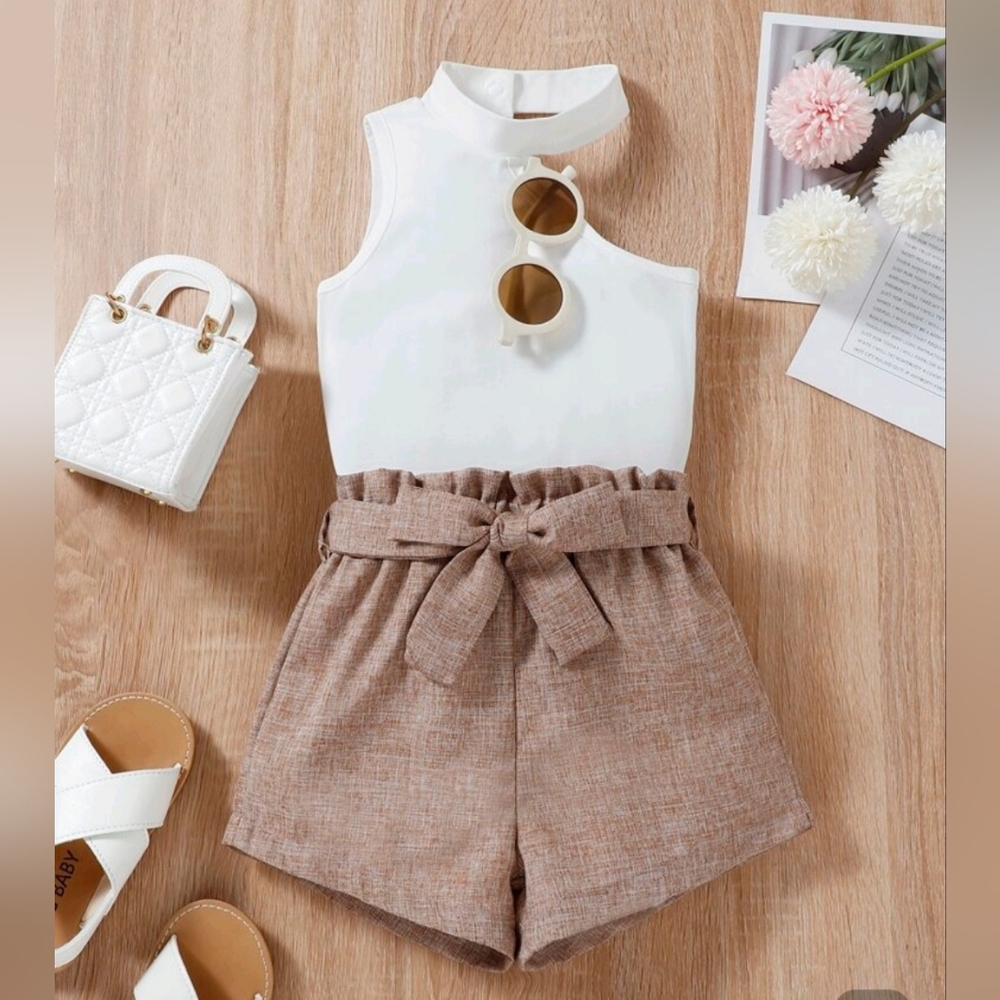 NWOT Girls Asymetrical White‎ Top & Brown Belted Shorts Size (5/6)